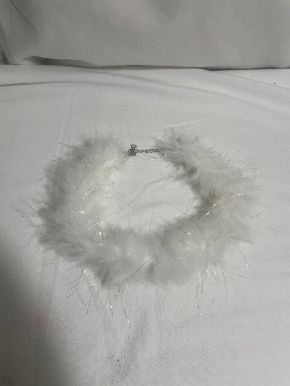 White Faux Fur Choker Necklace with Iridescent Tinsel Adjustable Clasp